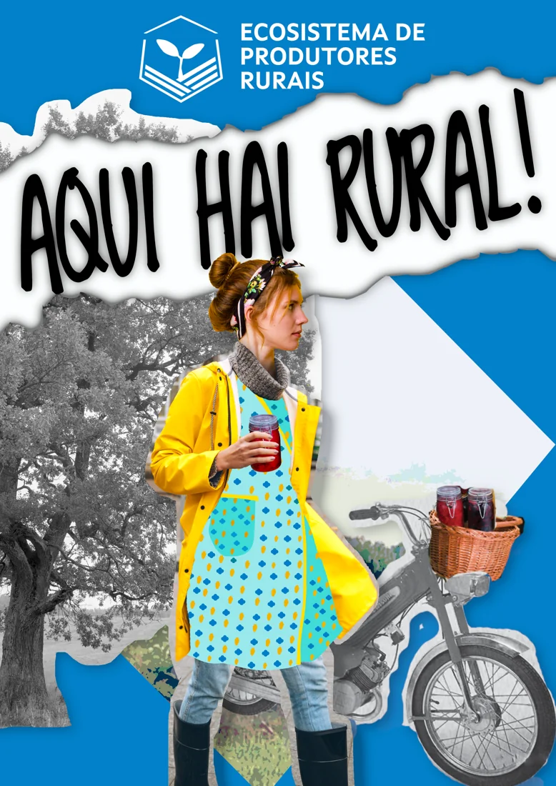 Identidad de Aquí Hai Rural con una productora, bicicleta y composición gráfica azul