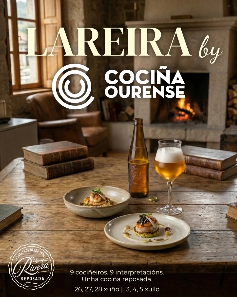 Cartel Lareira by Cociña Ourense con Cerveza Reposada