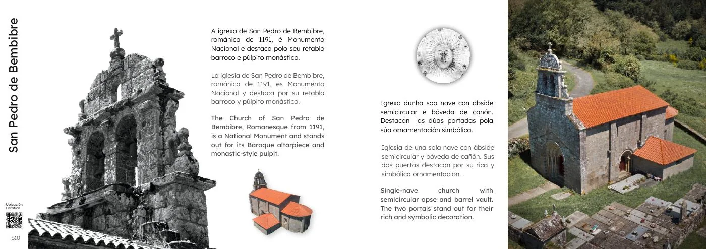 Páginas de la guía de Taboada dedicadas a San Pedro de Bembibre, en gallego, castellano e inglés